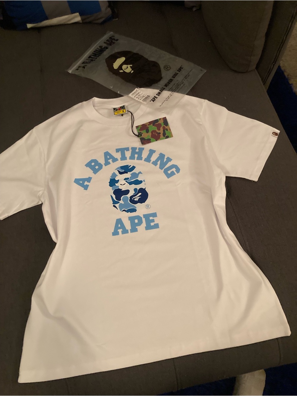 Bape White Short-Sleeve Tee with Light Blue Camo Logo